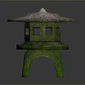 Green Mossy Ancient Stone Lantern Featuring Pagoda Style Roof And Square Windows On Legged Base