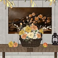 Wooden Table Decor With Flower Basket Mixed Roses Apple Lantern And Background Painting