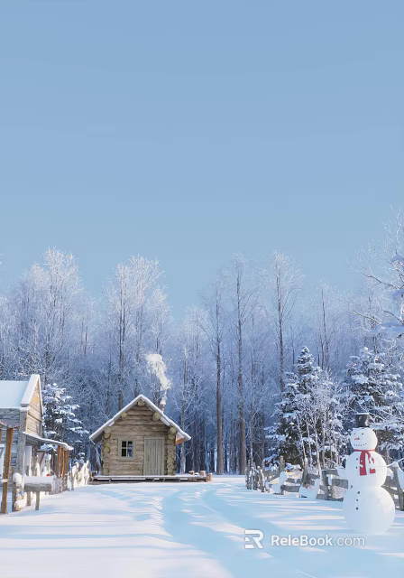 Winter Landscape With Snow Covered Trees Wooden Cabin Blue Sky And Chimney Smoke 3d model 