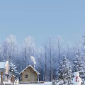 Winter Landscape With Snow Covered Trees Wooden Cabin Blue Sky And Chimney Smoke