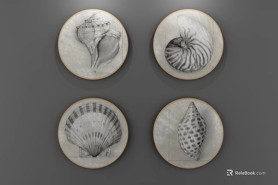 Modern Shower Sauna Decor Featuring Four Circular Shell Artworks On Wall 3d model