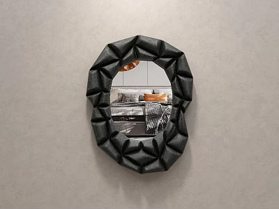 Black Irregular Shaped Bathroom Mirror With Textured Frame Hanging On Gray Wall Reflecting Interior 3d model
