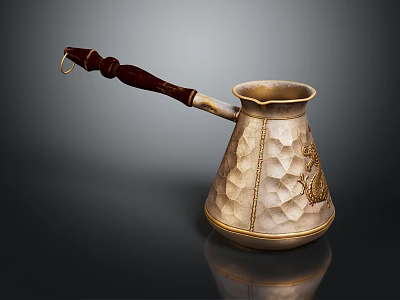 Stylish Copper Coffee Pot With Wooden Handle Hammered Design And Gold Accents 3d model