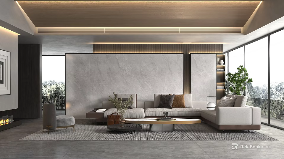 Modern Living Room Interior With Large Sofa Coffee Table Marble Accent Wall And Area Rug 3d model 
