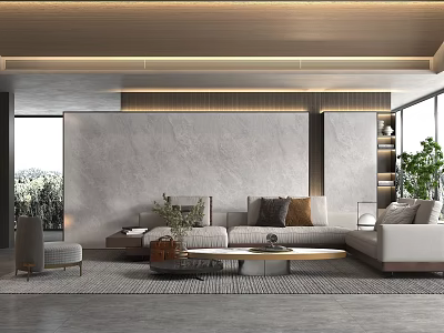 Modern Living Room Interior With Large Sofa Coffee Table Marble Accent Wall And Area Rug 3d model