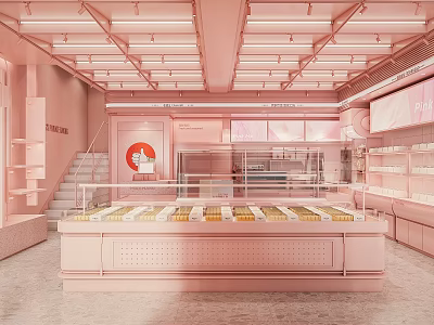 Pink Dessert Shop Interior With Display Counter Shelves Stairs And Bright Lighting 3d model