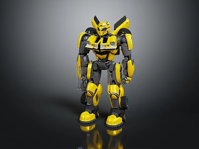 Yellow Black Mechanical Robot Character In Standing Pose With Reflective Surface And Weapon 3d model