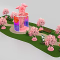 Floral Art Installation with Pink Archway Cherry Blossom Trees and Colorful Tulips on Lawn Pathway