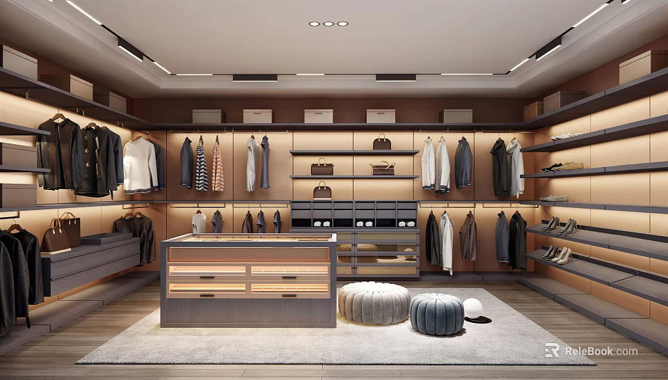 Modern Luxury Walk in Closet Interior With Recessed Lighting Clothing Racks And Shoe Storage 3d model 