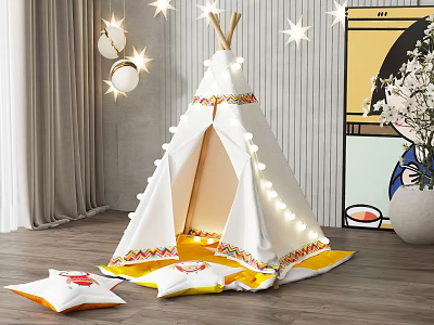 Kids Indoor Teepee Tent With Yellow White Pillows And String Lights Star Decor 3d model
