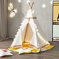 Kids Indoor Teepee Tent With Yellow White Pillows And String Lights Star Decor