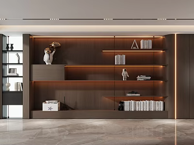 Modern Wooden Bookcase With LED Lighting Shelves Books And Decorative Items In Contemporary Interior 3d model