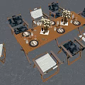 Wooden Dining Table With Matching Chairs And Floral Vases Tableware Setup 3d model