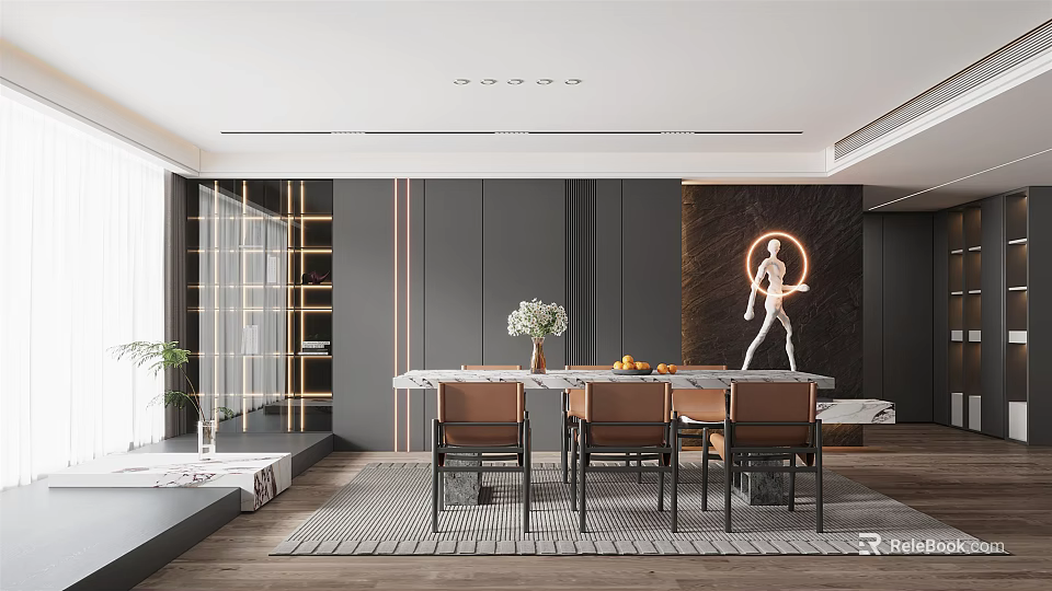 Modern Restaurant Interior With Dining Table Chairs Flower Vase And Marble Wall Art 3d model