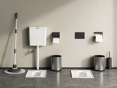 Modern Bathroom Facility With Squat Toilets Tank Trash Bins Mop And Accessories 3d model