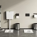 Modern Bathroom Facility With Squat Toilets Tank Trash Bins Mop And Accessories