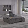 Modern Office Interior Design with Grey Desk Leather Chair Bookshelf and Window Greenery View