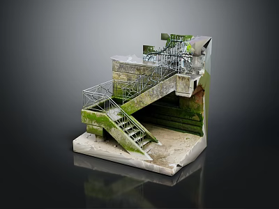 Industrial Architectural Structure With Staircase Metal Railings And Moss Covered Concrete Platforms 3d model