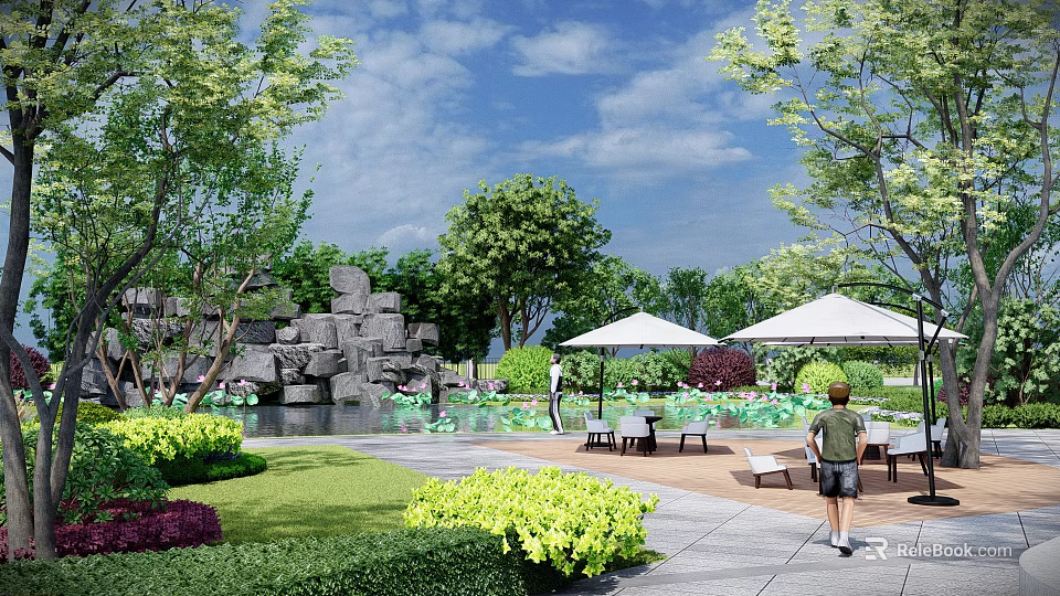 Serene Garden Landscape With Rock Features Pond Greenery And Umbrella Shaded Tables 3d model 