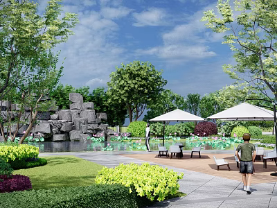 Serene Garden Landscape With Rock Features Pond Greenery And Umbrella Shaded Tables 3d model