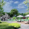 Serene Garden Landscape With Rock Features Pond Greenery And Umbrella Shaded Tables