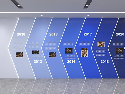 Blue and White Partition Wall Featuring Timeline Years and Historical Photos for Exhibition 3d model