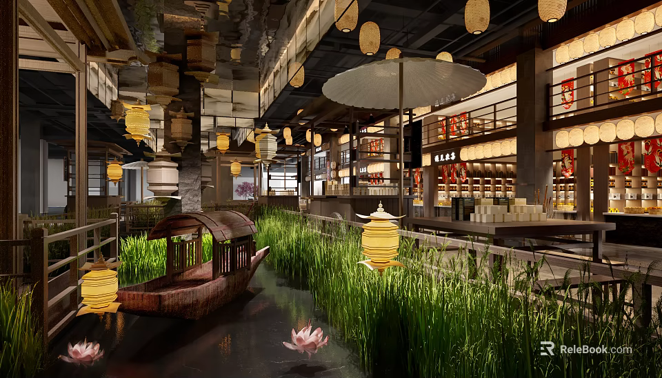 Traditional Chinese Style Mall Shop with Water Feature Boat Lotus Flowers Grass and Lanterns 3d model 