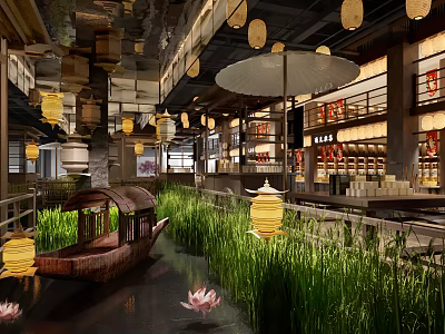 Traditional Chinese Style Mall Shop with Water Feature Boat Lotus Flowers Grass and Lanterns 3d model