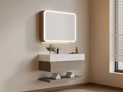 Modern Bathroom Vanity Cabinet with LED Mirror White Countertop and Gray Shelf 3d model