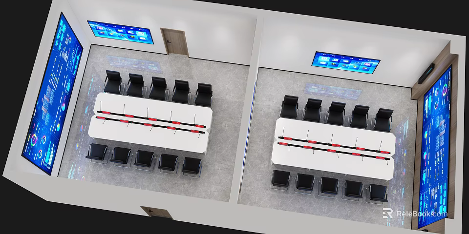 Modern Monitoring Room Interior Design With Large Monitor Screens Long Conference Table And Black Chairs 3d model 