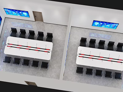 Modern Monitoring Room Interior Design With Large Monitor Screens Long Conference Table And Black Chairs 3d model
