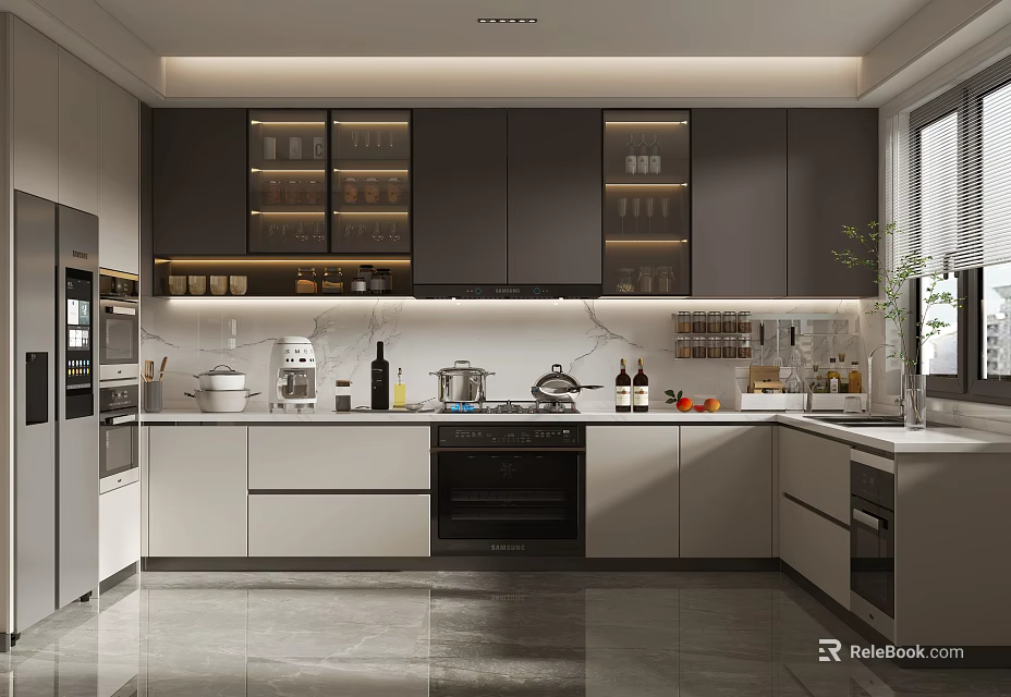 Modern Open Kitchen Interior With Island Counter Gray Cabinets And Appliances 3d model 