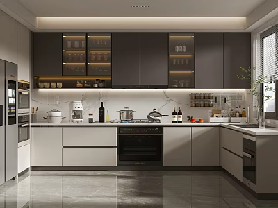 Modern Open Kitchen Interior With Island Counter Gray Cabinets And Appliances 3d model