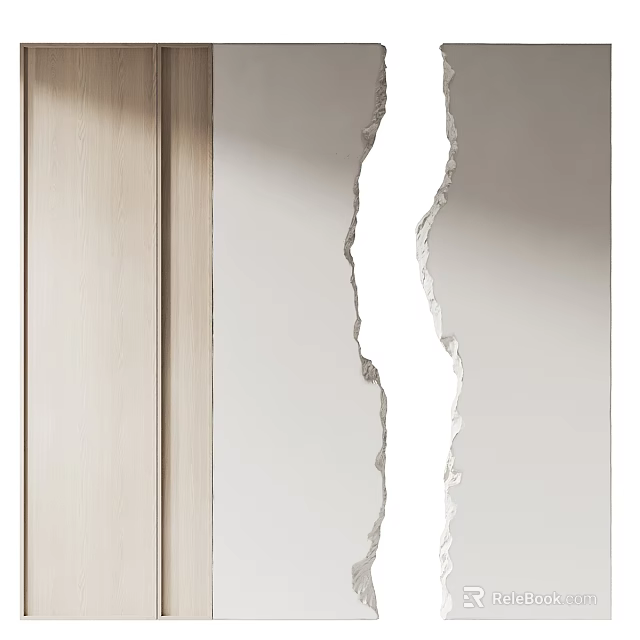 Cracked Light Colored Interior Wall With Vertical Fissure And Wooden Side Panel 3d model 