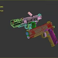 Man Holding Two Different Colored Guns With Bullet in Mid Air