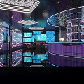 Modern KTV Circular Purple Bar Counter With Neon Lights Wine Rack And High Stools