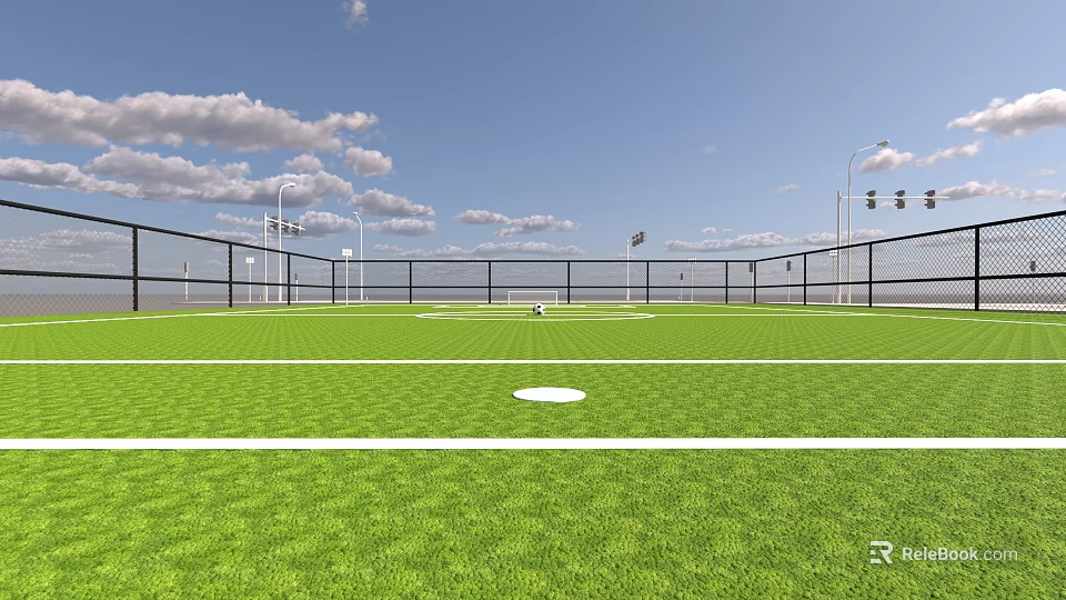 Green Grass Soccer Field With Fences Street Lamps And Goalposts Under Blue Sky 3d model 