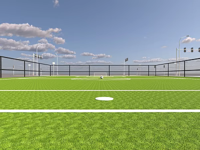 Green Grass Soccer Field With Fences Street Lamps And Goalposts Under Blue Sky 3d model