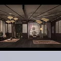 Traditional Chinese Living Room Interior With Wooden Structure Lanterns Screens Carpets And Furniture