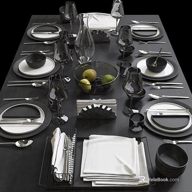 Dinnerware Set with Black White Plates Bowls Glasses Utensils for Modern Dining Table 3d model 