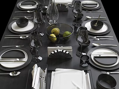 Dinnerware Set with Black White Plates Bowls Glasses Utensils for Modern Dining Table 3d model
