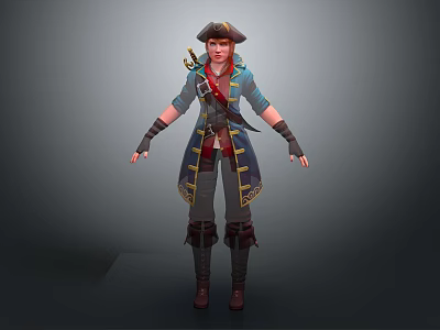 Game Movie Character Pirate Style With Red Hair Pirate Hat Blue Coat And Sword 3d model