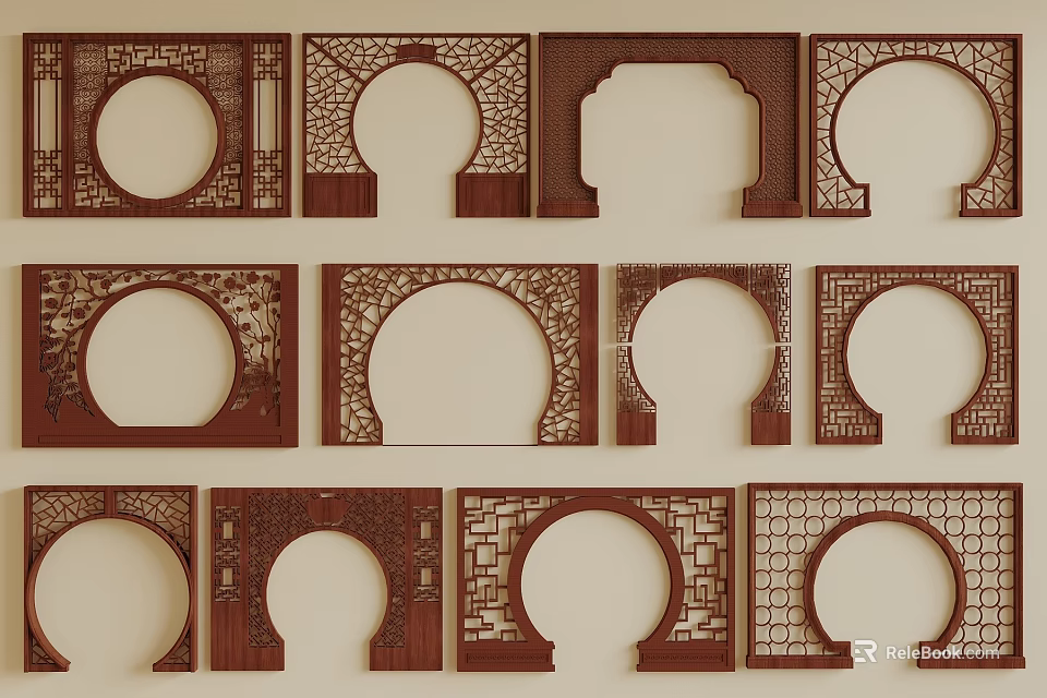 Traditional Chinese Partitions Design With Intricate Wooden Carvings And Circular Openings 3d model 