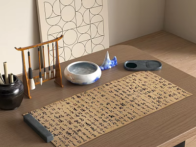 Calligraphy Brushes Inkstone Scroll And Art Supplies On Wooden Table 3d model