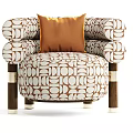 Modern Retro Armchair with Brown White Geometric Pattern Fabric Orange Cushion and Wooden Legs