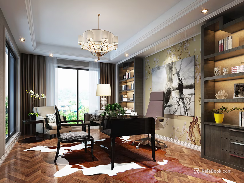 Elegant Modern Study Room Interior With Wooden Desk Built In Bookshelves And Cozy Seats 3d model 