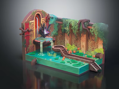Vibrant Cartoon Scene With Waterfall Pond Lily Pads Slide Archway And Green Vines 3d model