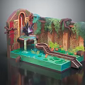 Vibrant Cartoon Scene With Waterfall Pond Lily Pads Slide Archway And Green Vines