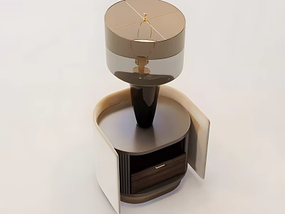 Modern Table Lamp On Wooden Bedside Table With Drawer And Metallic Base 3d model