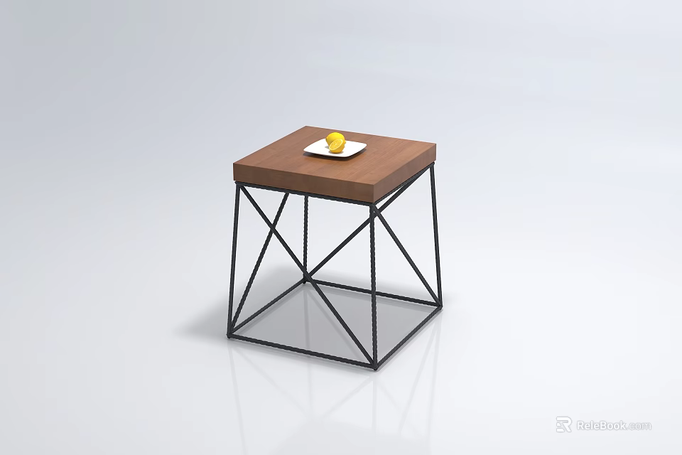 Stylish Coffee Table With Wooden Top Black Metal Frame And White Plate Holding Yellow Fruit 3d model 